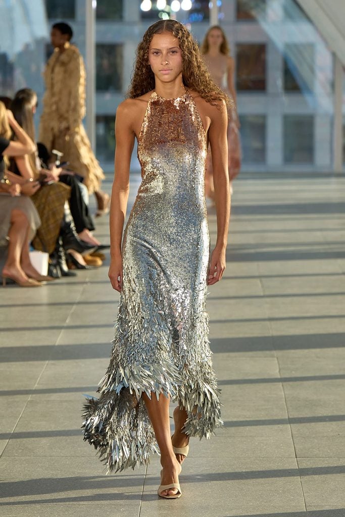 Monse Spring 2027 runway reference for Eiza González's copper-and-silver embellished dress worn at the TIME100 Next Gala.