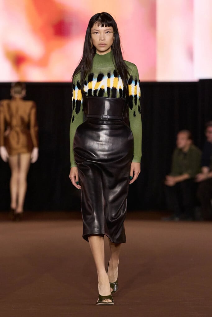 Mugler Spring 2027 butterfly-print top and black leather corseted skirt on the ‘Naturalia X’ runway.