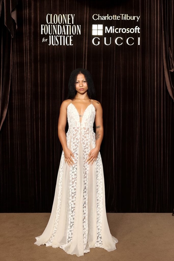 Myha’la Herrold wearing an ivory chiffon and floral lace Fendi Fall 2026 gown at the 2026 Albies in London.