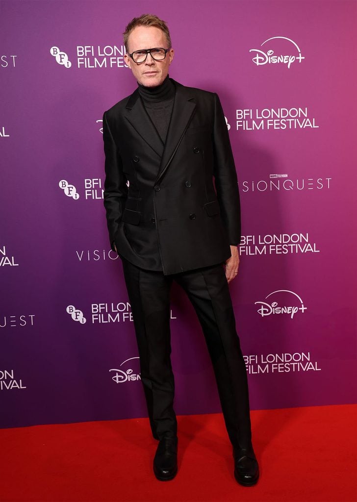 Paul Bettany in a black Hermès Fall 2026 double-breasted jacket, roll-neck and trousers at the 'Vision Quest' BFI London Film Festival premiere.