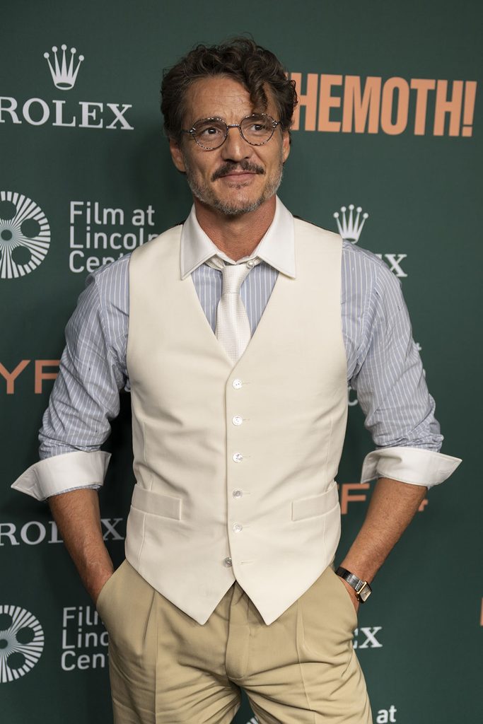 Pedro Pascal wearing Chanel Eyewear and a white waistcoat with his Chanel look at the Behemoth! NYFF premiere.