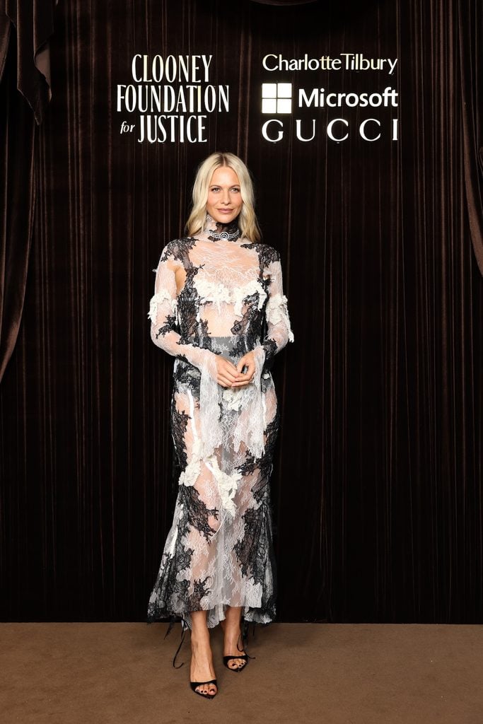 Poppy Delevingne wearing a black-and-white Dreaming Eli Spring 2026 lace gown at the 2026 Albies in London