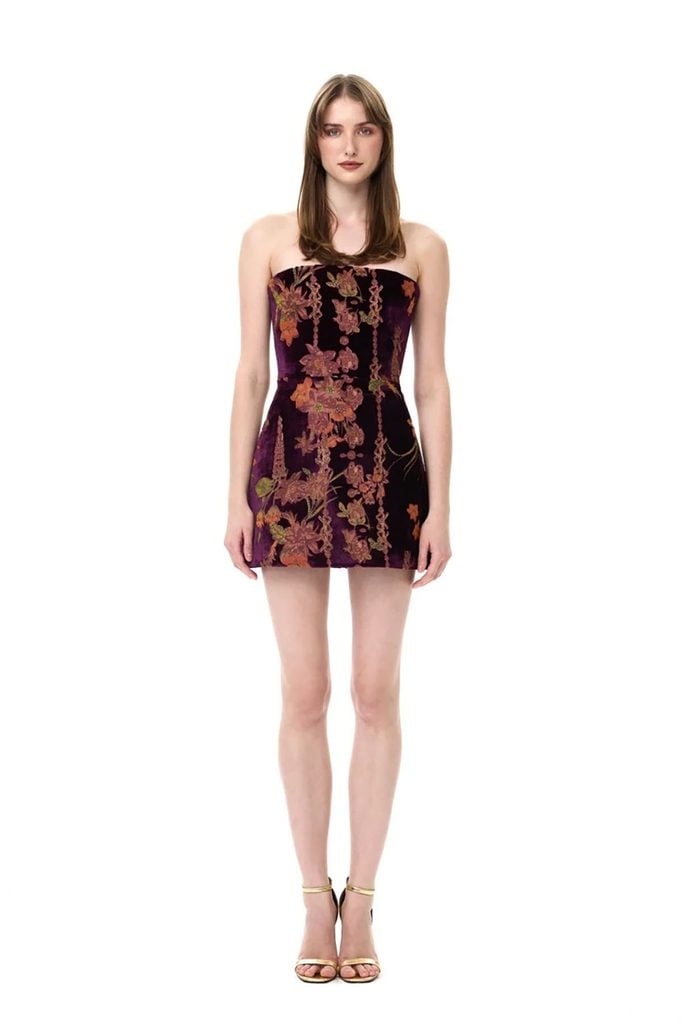 Rasario Fall 2026 burgundy velvet strapless mini dress with floral embroidery, as worn by Taylor Swift at the Nashville Songwriters Hall of Fame gala.