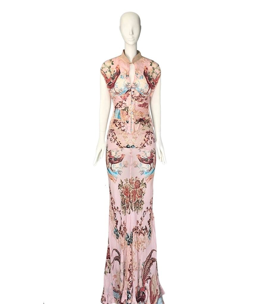 Roberto Cavalli Spring 2003 archival cheongsam-inspired silk chiffon dress featuring a pink floral and pheasant print with a matching corset.