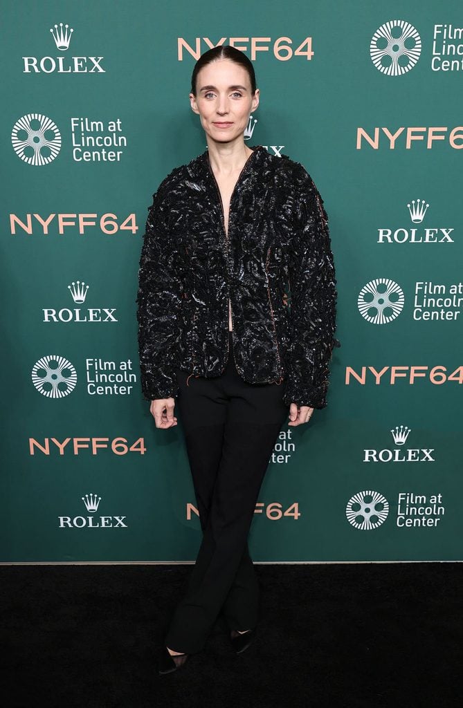 Rooney Mara wearing a textured black The Row Resort 2027 jacket and trousers at the 'Bucking Fastard' premiere during the 2026 New York Film Festival.