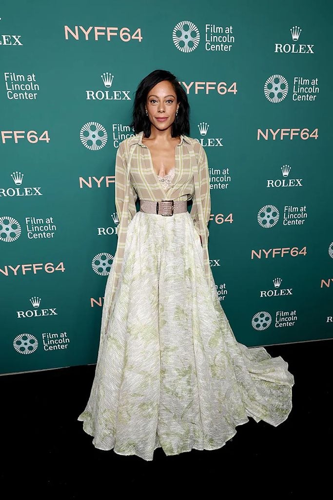 Rosalind Eleazar wearing a checked and lace Elie Saab Resort 2027 gown with a wide belt at the 'Misty Green' premiere in New York.
