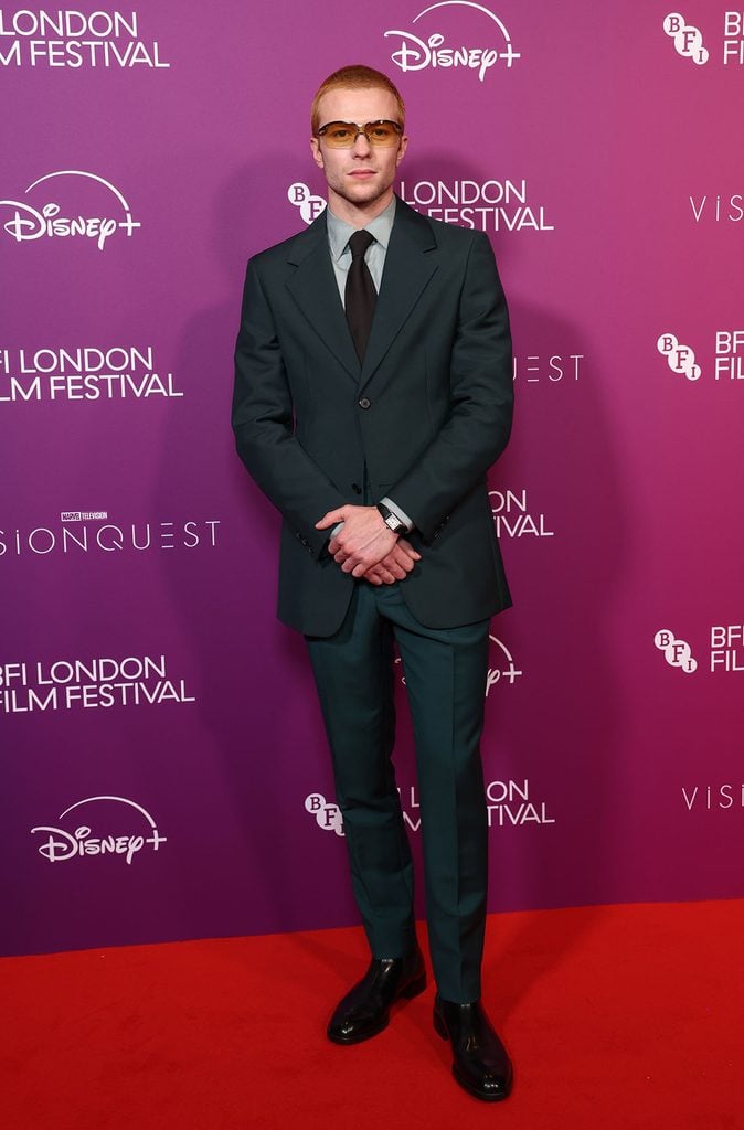 Ruaridh Mollica in a custom Prada dark teal jacket, sage shirt and bottle-green trousers at the 'Vision Quest' BFI London Film Festival premiere.