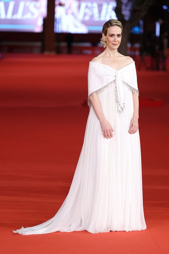 Sarah Paulson in a white Miu Miu gown at the 2026 Rome Film Festival premiere of All's Fair.