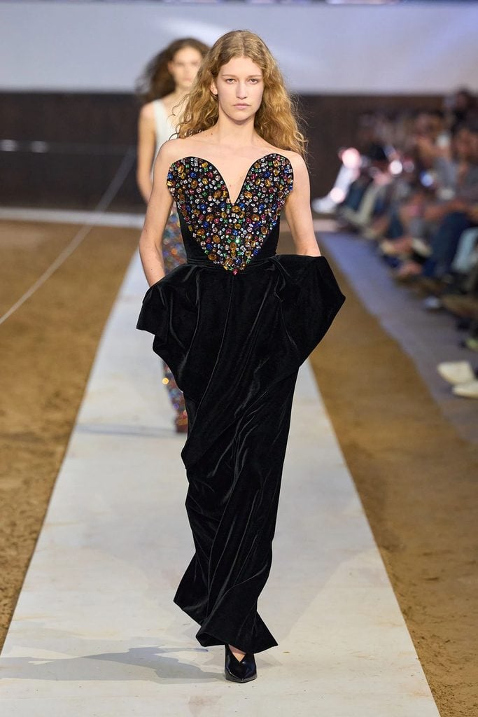 Stella McCartney Fall 2026 runway gown featuring a multicoloured embellished heart-shaped bodice and black velvet skirt, as worn by Laura Dern