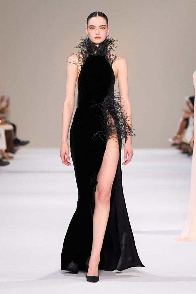 black velvet Tamara Ralph Fall 2026 Couture gown with an ostrich-feather cape