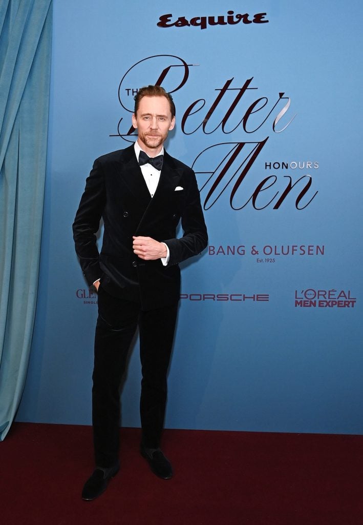 Tom Hiddleston in a Ralph Lauren Collection velvet double-breasted suit at Esquire UK's Better Men Honours at Claridge's in London.