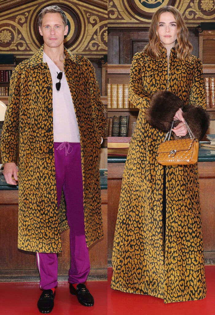 Alexander Skarsgård and Zoey Deutch wearing matching Valentino animal print at the Valentino Spring 2027 show in Paris.
