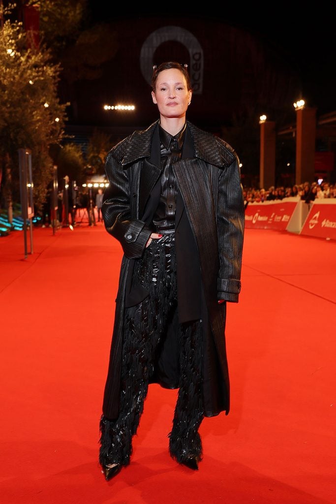 Vicky Krieps in a black Bottega Veneta Fall 2026 ensemble at the Riverrun screening during Rome Film Festival