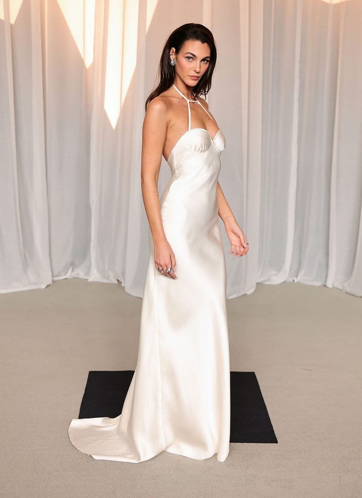 Vittoria Ceretti in a minimalist ivory silk Giorgio Armani halter gown at the 2026 Academy Museum Gala in Los Angeles