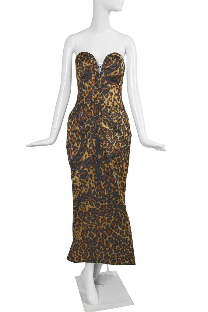 Full-length front view of the vintage Yves Saint Laurent Golden Tigress leopard-print gown photographed for Kerry Taylor Auctions in 2025.